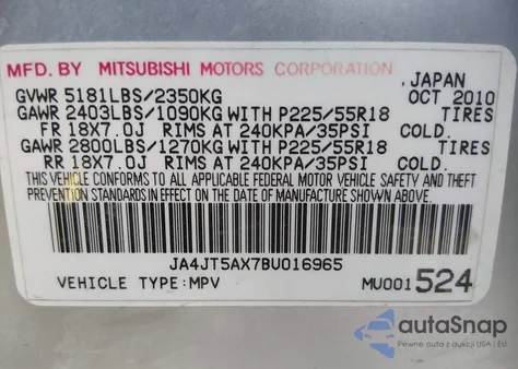 2011 Mitsubishi Outlander Gt z USA, uszkodzony, nr VIN JA4JT5AX7BU016965
